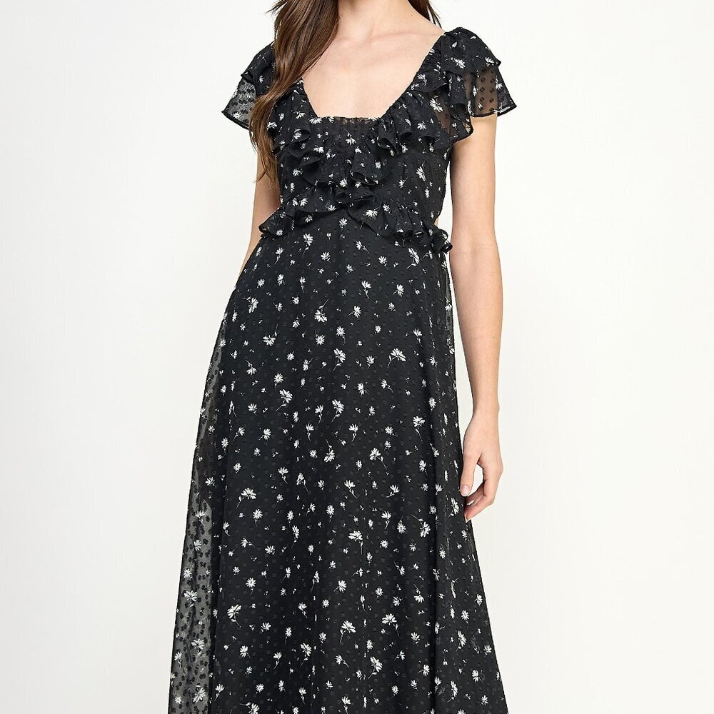 Koko + Mason Black Floral Open Back Celestial Fall Wedding Attire Dress L NWT
